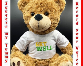 Get Well FurryGram Teddy Bear - with embroidered t-shirt. Comfort teddy bear includes your custom voice recording.