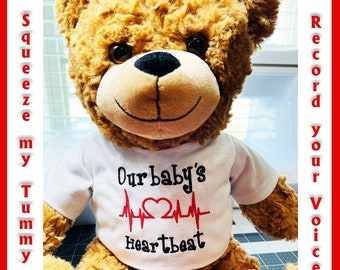 Baby's heartbeat FurryGram Teddy Bear - with embroidered t-shirt. Comfort teddy bear includes your custom voice recording.