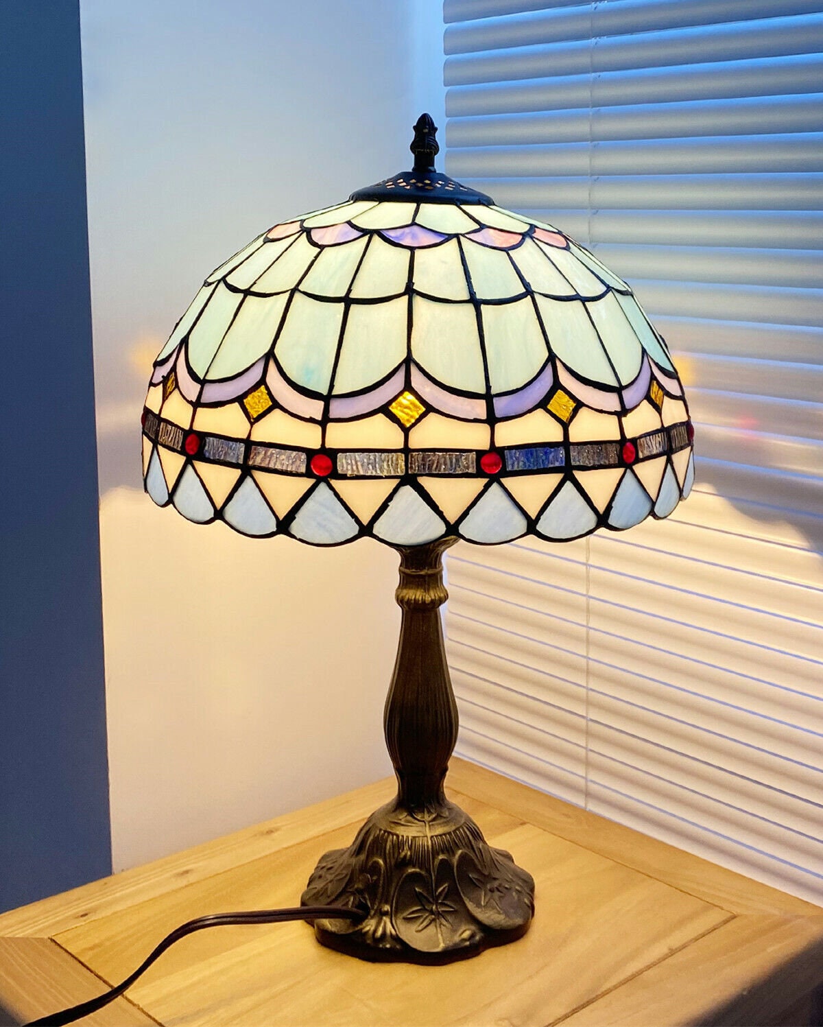 Tiffany Style Table Lamp Sea Blue Stained Glass Desk Light Bedside Lamp