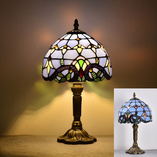 Lampe de style Tiffany, art artisanal antique, abat-jour en vitrail, lampe de chevet, salle à manger, bureau, bureau, verre bleu