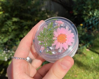 Pressed pink flower herb grinder| Magnetic