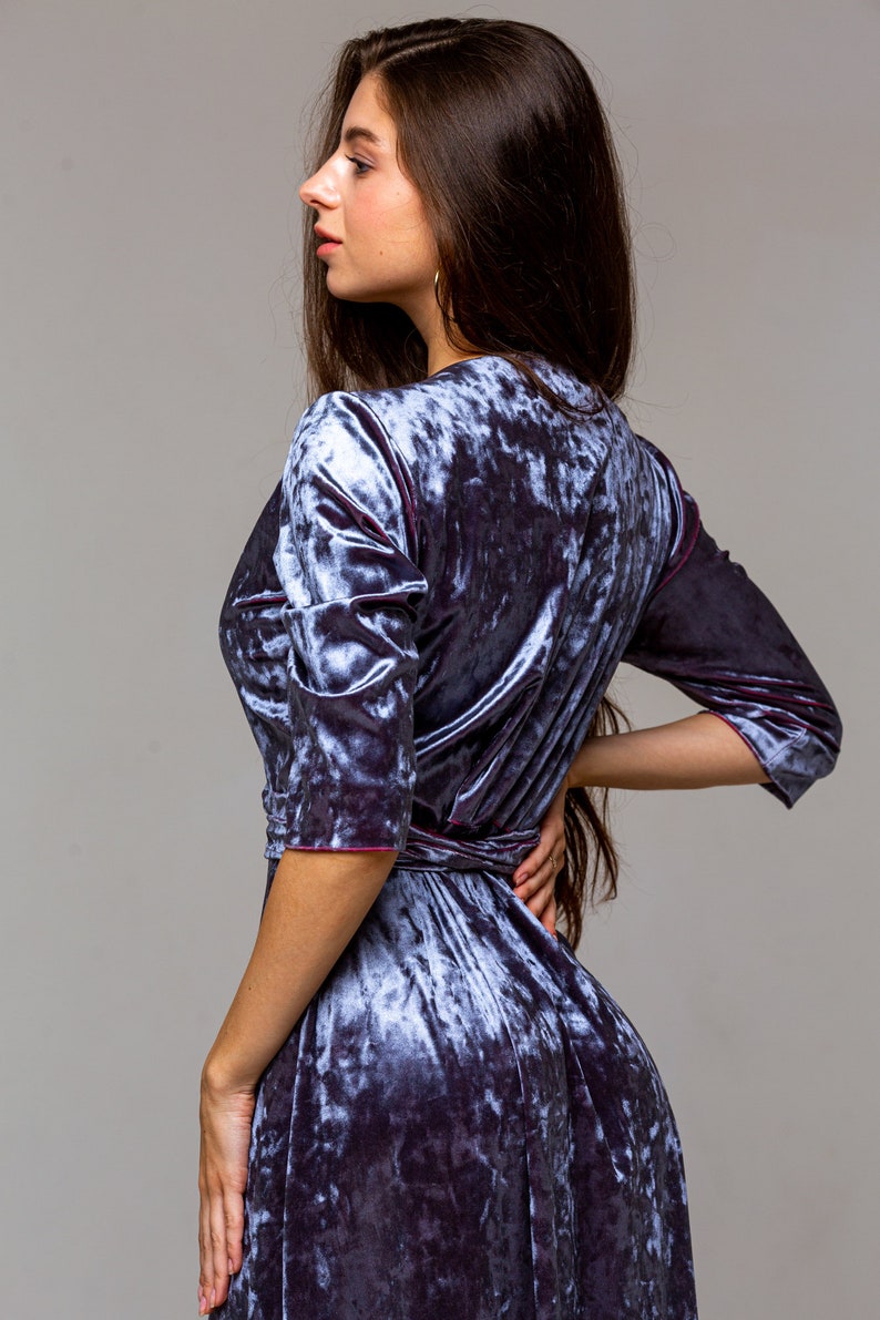 Velvet wrap dress sleeve 34 \u2022 Custom made silver blue cocktail dress \u2022 Made to measure Petit velvet dress to plus size formal dress