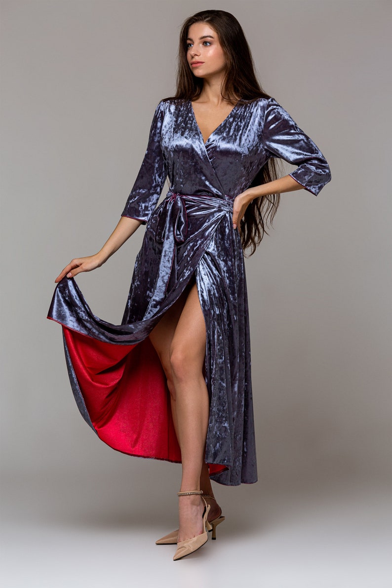 Velvet wrap dress sleeve 34 \u2022 Custom made silver blue cocktail dress \u2022 Made to measure Petit velvet dress to plus size formal dress
