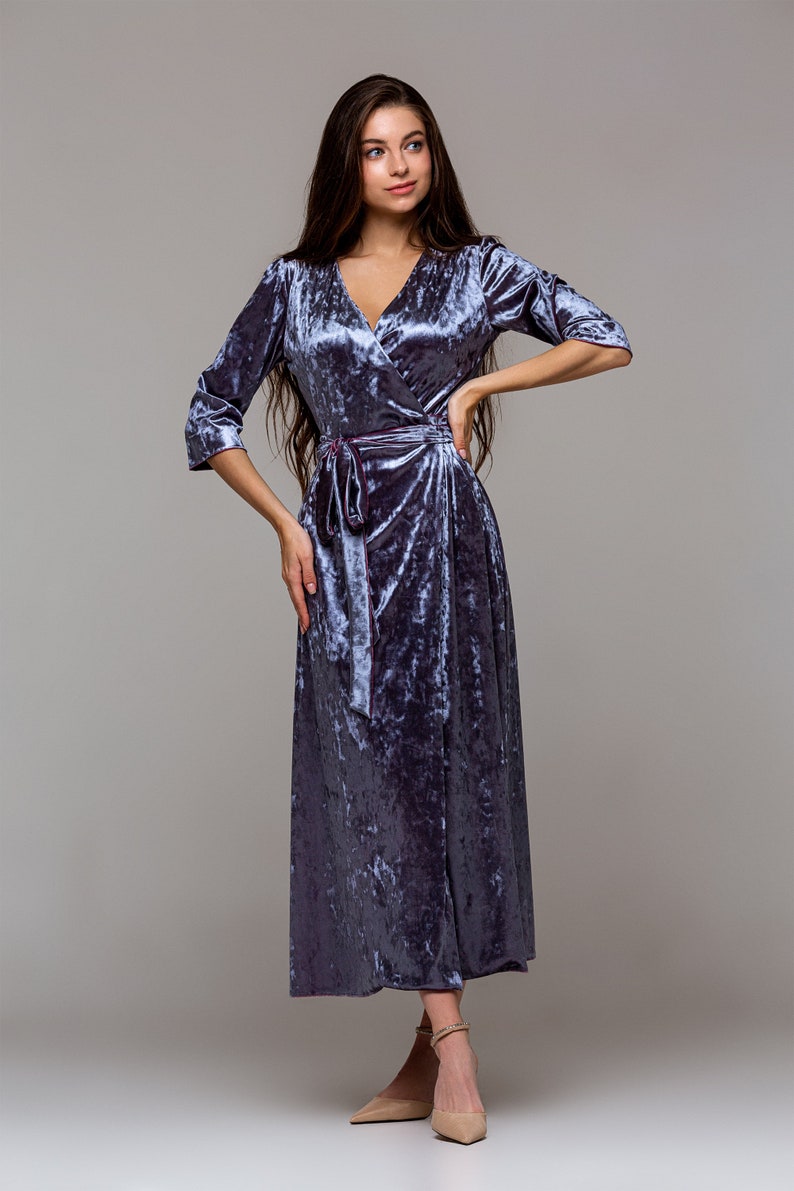 Velvet wrap dress sleeve 34 \u2022 Custom made silver blue cocktail dress \u2022 Made to measure Petit velvet dress to plus size formal dress