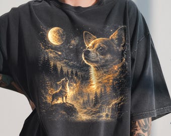 Comfort Colors® Chihuahua Howling Moon Shirt, Vintage 90s Wolf Spirit, Celestial Dog Tee
