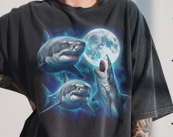 Three Shark Moon, vintage afbeelding jaren 90, witte haai, oceaanroofdier, diepzeeleven