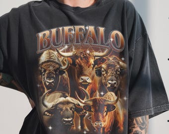 Vintage Buffalo Shirt, 90s Bootleg Graphic Tee, Bison Lover Gift, Western Tee