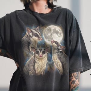May include: Dark grey t-shirt with a graphic of three sugar gliders and a full moon. The sugar gliders are in grey and white, with a bright white moon. The shirt has a vintage, worn appearance. The design is set against a blue and black background.