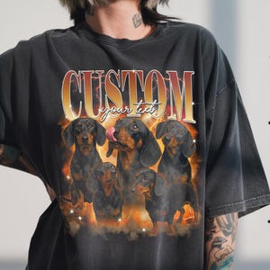 Custom bootleg rap style design featuring pet dog photos, orange and purple lightning background, 90s vintage hip hop aesthetic.
