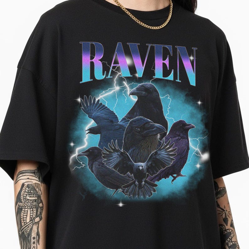 Vintage Raven Shirt, 90s Bootleg Graphic Tee, Gothic Bird Gift, Witchy T-Shirt image 5