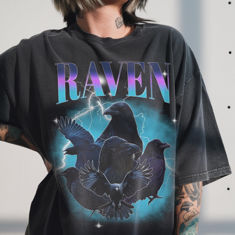 Vintage Raven Shirt, 90s Bootleg Graphic Tee, Gothic Bird Gift, Witchy T-Shirt image 1