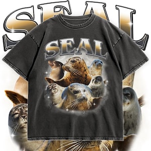 アザラシTシャツ、ヴィンテージアザラシシャツ、面白い動物グラフィックTシャツ、特大海洋野生動物トップ、かわいいアザラシ愛好家へのギフト、ユニセックスレトロネイチャーTシャツ