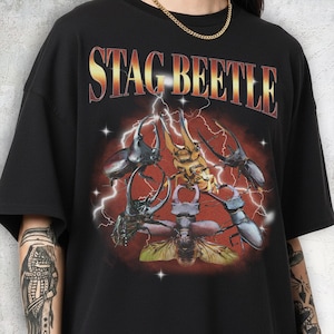 Stag Beetle Graphic Tee, 90s Bootleg Style, Invertebrate Shirt, Punk Rock Top