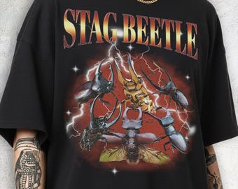 Stag Beetle Graphic Tee, 90s Bootleg Style, Invertebrate Shirt, Punk Rock Top