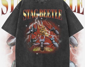 Vintage 90s Stag Beetle Graphic Tee - Acid Wash Distressed T-Shirt