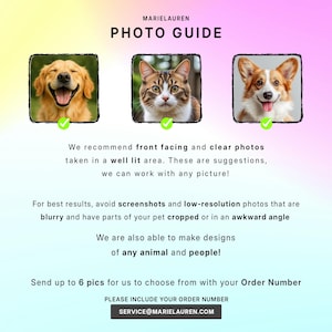May include: Marielauren's photo guide displays three pet portraits: a smiling golden retriever, a cat, and a corgi. The guide recommends front-facing, clear photos taken in good light. Contact service@marielauren.com for design services. Avoid screenshots.