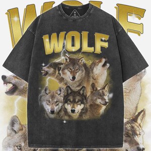 ウルフアシッドウォッシュTシャツ、ヴィンテージ90年代グラフィックTシャツ、クールなウルフプリント、レトロスタイルのウルフ好きへのギフト、トレンディなウォッシュドトップス、ウルフ好きへのギフト