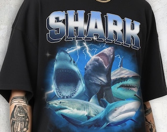 Retro Shark T-Shirt, Ocean Lover Gift, Deep Sea Monster, 90s Bootleg Style
