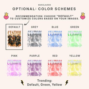 May include: Image displaying colour scheme options for customisation. Features a "DEFAULT" option with dachshunds, plus grey, blue, green, pink, purple, red, and yellow variations. Text reads "OPTIONAL: COLOUR SCHEMES" and "Trending: Default, Green, Yellow."