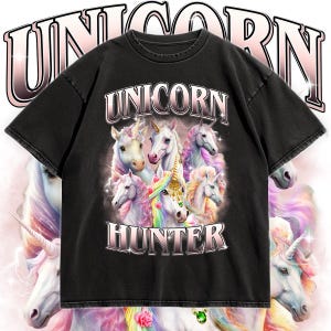 Unicorn Hunter T-Shirt, Magical Rainbow Unicorns Graphic Tee, Fantasy Mythical Creature Apparel, Aesthetic Grunge Style Unisex Gift