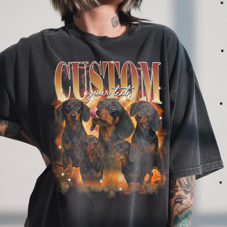Custom bootleg rap style design featuring pet dog photos, orange and purple lightning background, 90s vintage hip hop aesthetic.