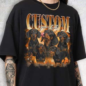 Custom bootleg rap style design featuring pet dog photos, orange and purple lightning background, 90s vintage hip hop aesthetic.