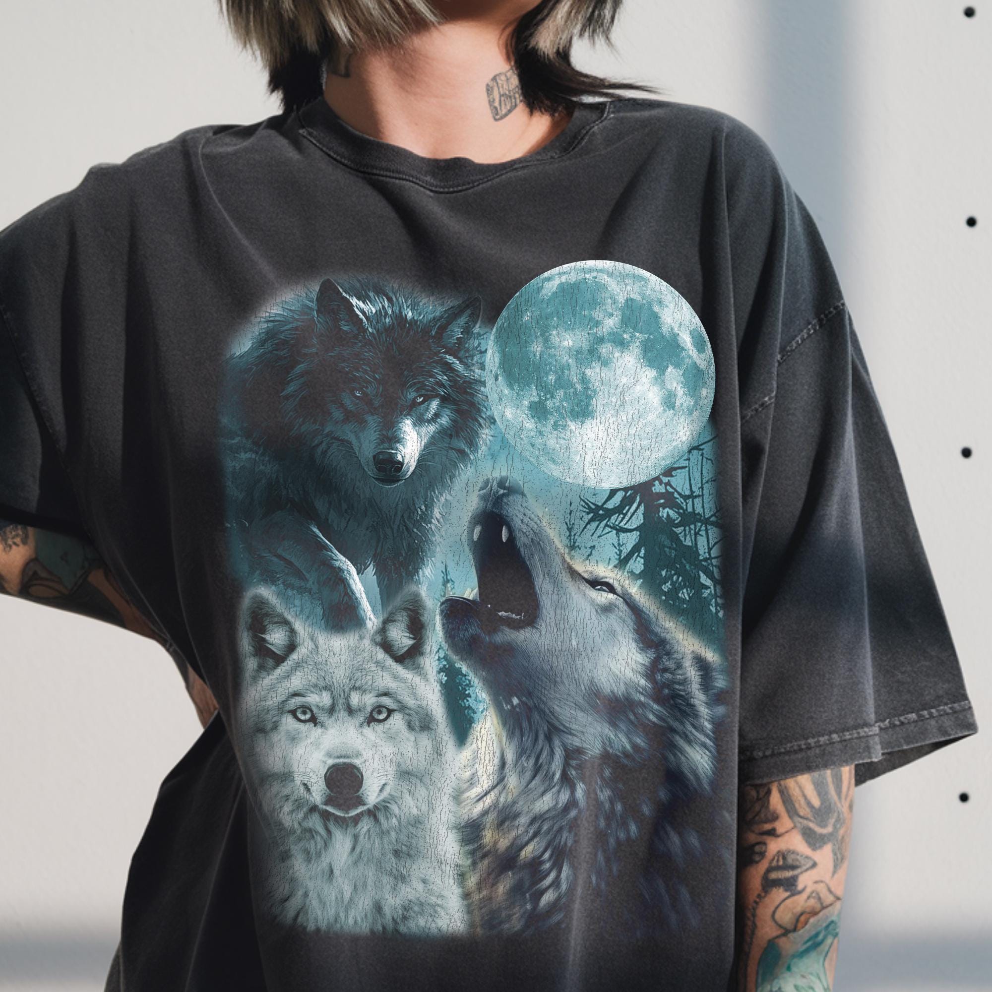 Vintage Wolf Moon Shirt, 90s Graphic Tee, Howling Wolf Gift