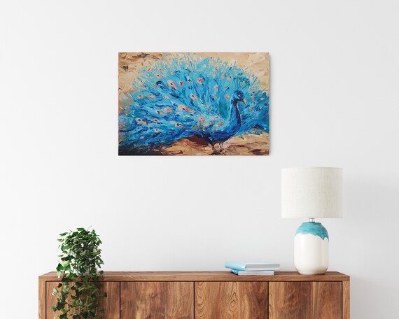 Peacock Painting Palette Knife Art Peacock Wall Art Original Abstract Bird  Impasto Oil Painting Above Couch Wall Decor 