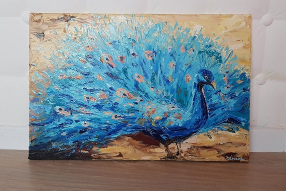 Peacock Painting Palette Knife Art Peacock Wall Art Original Abstract Bird  Impasto Oil Painting Above Couch Wall Decor 