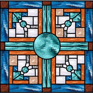 May include: A stained glass window design with a turquoise blue, orange, and white color scheme. The design features a large circle in the center and four smaller circles in the corners.
