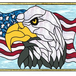 May include: Stained glass panel featuring an American bald eagle with a yellow beak and eye, set against a backdrop of the American flag. The eagle's head is white, with black and gray accents. The flag has red and white stripes and blue stars.