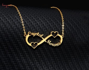 Collier double nom de coeur de couple personnalisé, collier personnalisé de nom d’infini, choker de coeur d’or d’or d’or d’or argenté, bijoux d’infini