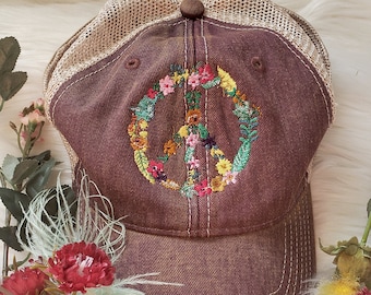 Trucker hat, Peace, Peace Sign, Flowers hat, Khaki hat, Fashionable hat, Vintage style hat, Unisex adult hat, Gift idea, Flower Child,Hippie