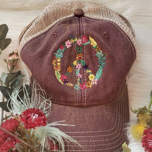 Trucker hat, Peace, Peace Sign, Flowers hat, Khaki hat, Fashionable hat, Vintage style hat, Unisex adult hat, Gift idea, Flower Child,Hippie
