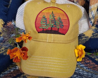 Trucker hat, Sunset, Trees, Outdoors hat, Khaki hat, Northwoods, Fashionable hat, Vintage style hat, Unisex adult hat, Gift idea