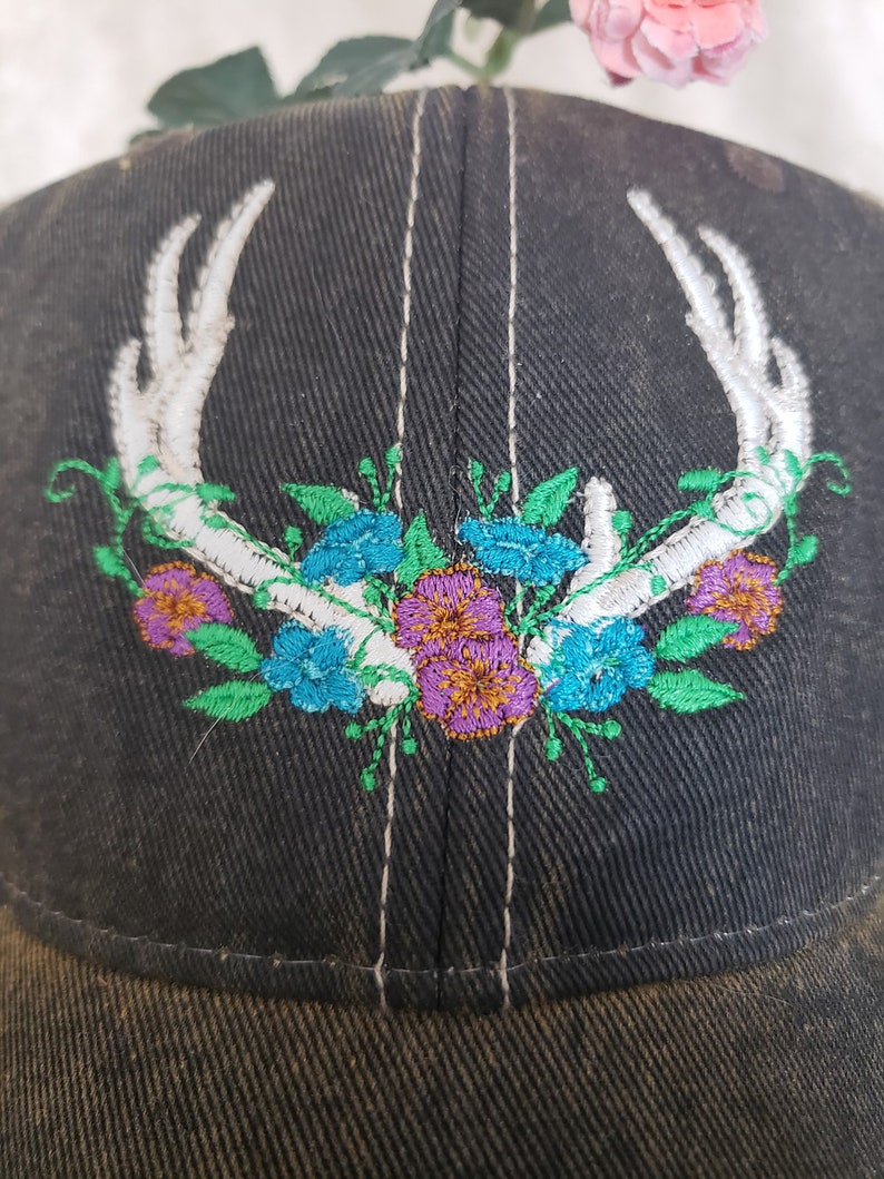 Trucker hat, Antlers, Deer, Floral, Outdoors hat, Khaki hat, Northwoods, Fashionable hat, Vintage style hat, Unisex adult hat, Gift idea image 4