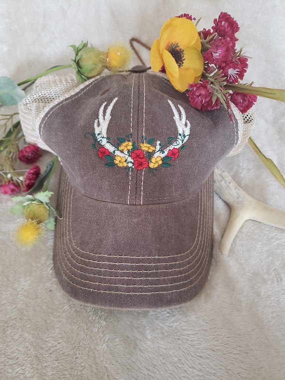 Trucker hat, Antlers, Deer, Floral, Outdoors hat, Khaki hat, Northwoods, Fashionable hat, Vintage style hat, Unisex adult hat, Gift idea