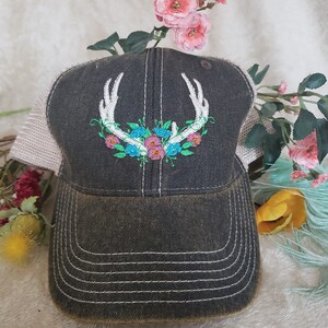Trucker hat, Antlers, Deer, Floral, Outdoors hat, Khaki hat, Northwoods, Fashionable hat, Vintage style hat, Unisex adult hat, Gift idea image 3