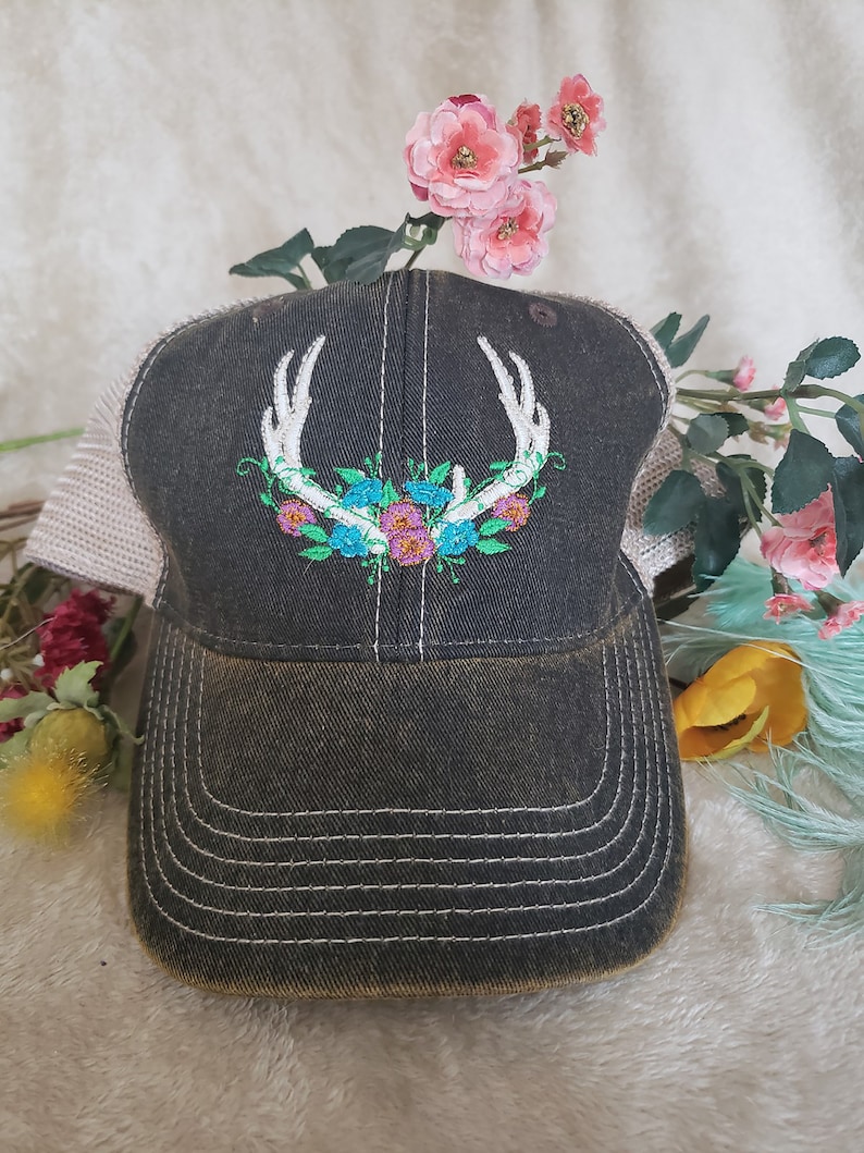 Trucker hat, Antlers, Deer, Floral, Outdoors hat, Khaki hat, Northwoods, Fashionable hat, Vintage style hat, Unisex adult hat, Gift idea image 3