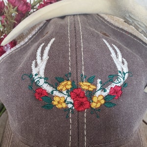 Trucker hat, Antlers, Deer, Floral, Outdoors hat, Khaki hat, Northwoods, Fashionable hat, Vintage style hat, Unisex adult hat, Gift idea image 2