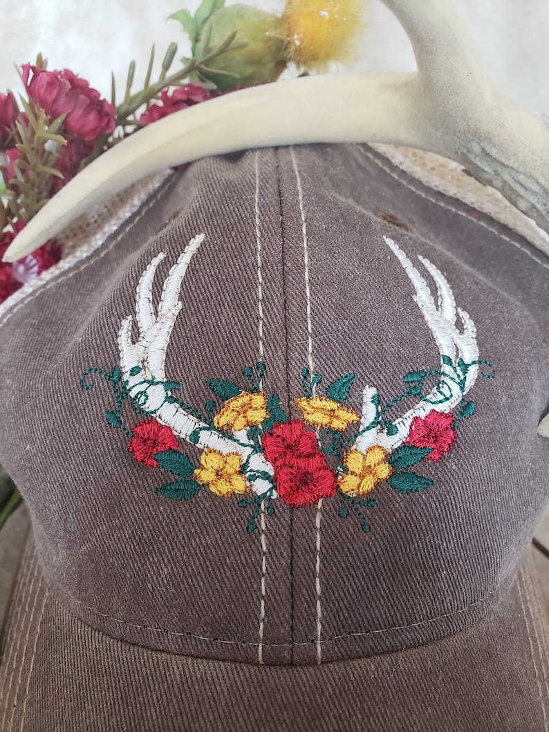 Trucker hat, Antlers, Deer, Floral, Outdoors hat, Khaki hat, Northwoods, Fashionable hat, Vintage style hat, Unisex adult hat, Gift idea image 2