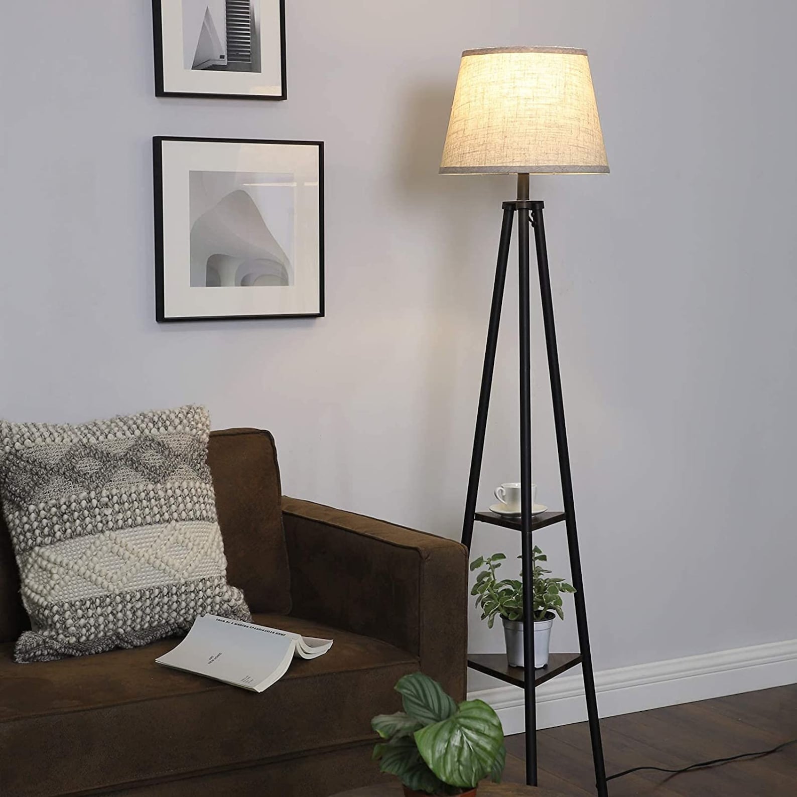 Modern Tripod Floor Lamp with Shelves Fabric Linen Shade Etsy