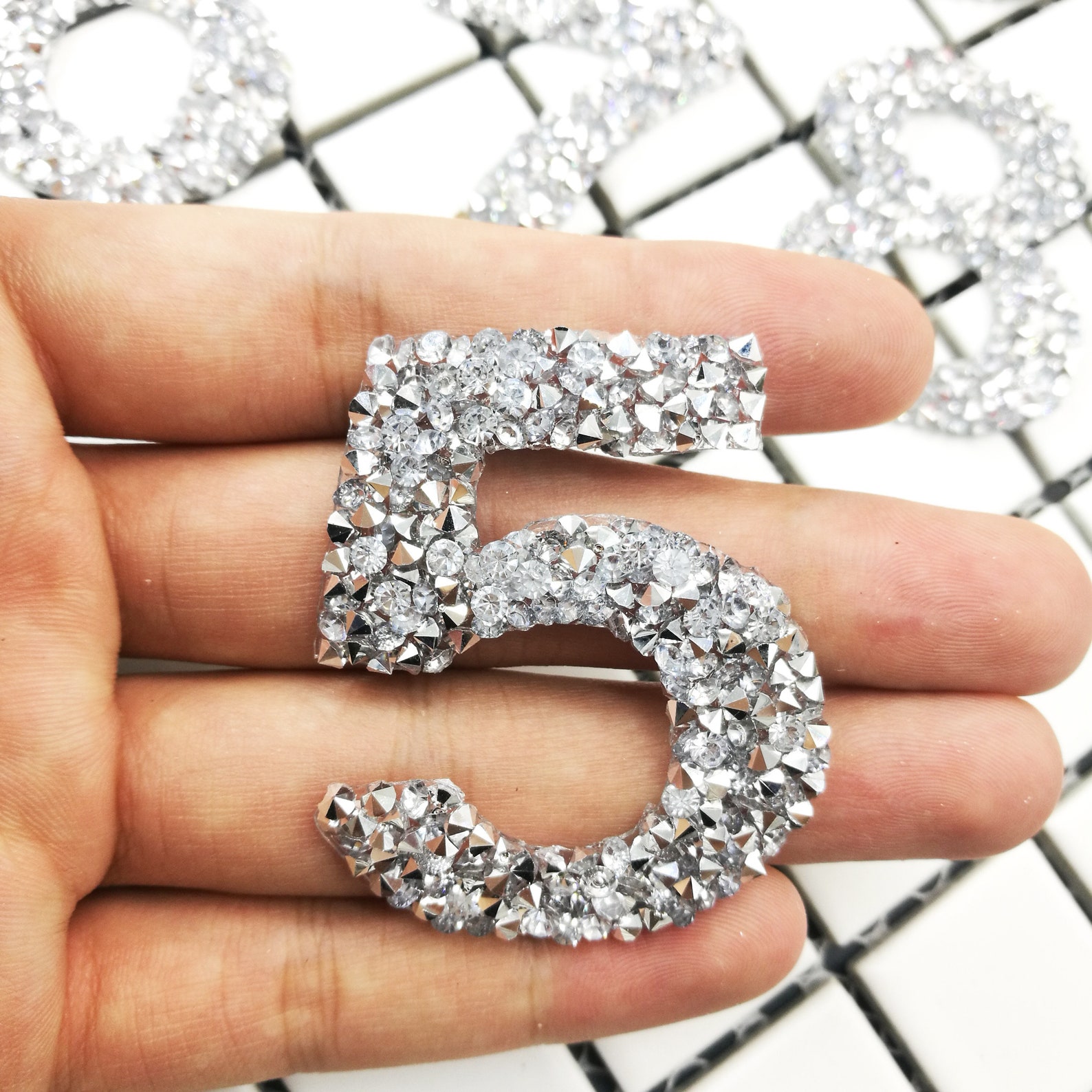 Rhinestone Number PATCH Silver Patch Resin Shining Patches White Sew on