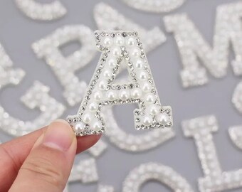 26 Alphabet PATCH pearl Rhinestone white letter patch sliver Sparkle shining Patches Sew on Embroidery A B C D E F G H IJ K L M