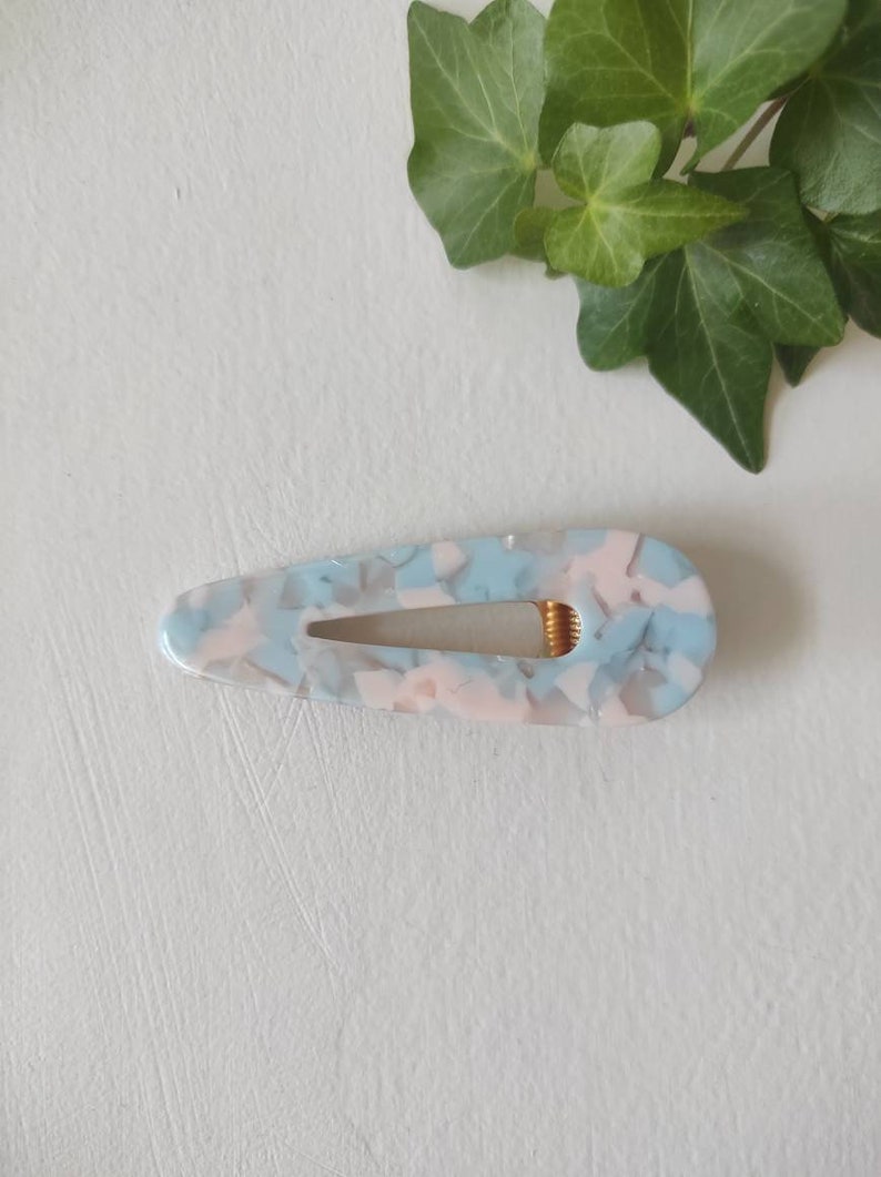 May include: A light blue and pink marbled hair clip with a gold spring.
