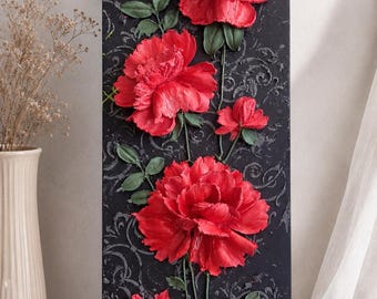 Red Roses Sculptural Plaster Painting, Volumetric Floral Wall Decor (50x18 cm)