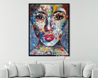 painting in the interior girl's face, abstract painting with a woman, impasto art, wall art decor,