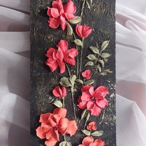 red 3D flowers on a black background, 3D roses, sculptural plaster painting, flowers with decorative plaster, wall decor, volumetric flowers