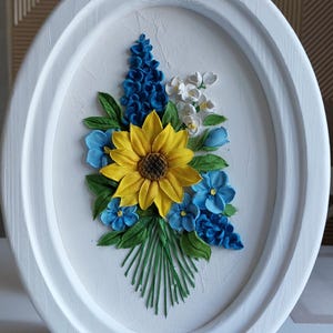 Sunflower and Blue Flowers 3D Wall Art, Custom Sculptural Painting, Handmade Floral Relief in Frame,