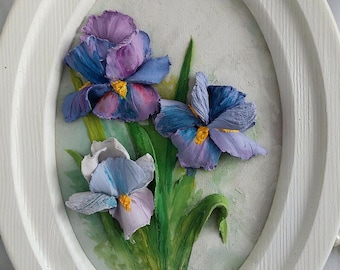 3d art, 3d panel, purple irises sculpture painting, flower sculpture, sculptural art, plaster three-dimensional flowers, 3d flowers for wall